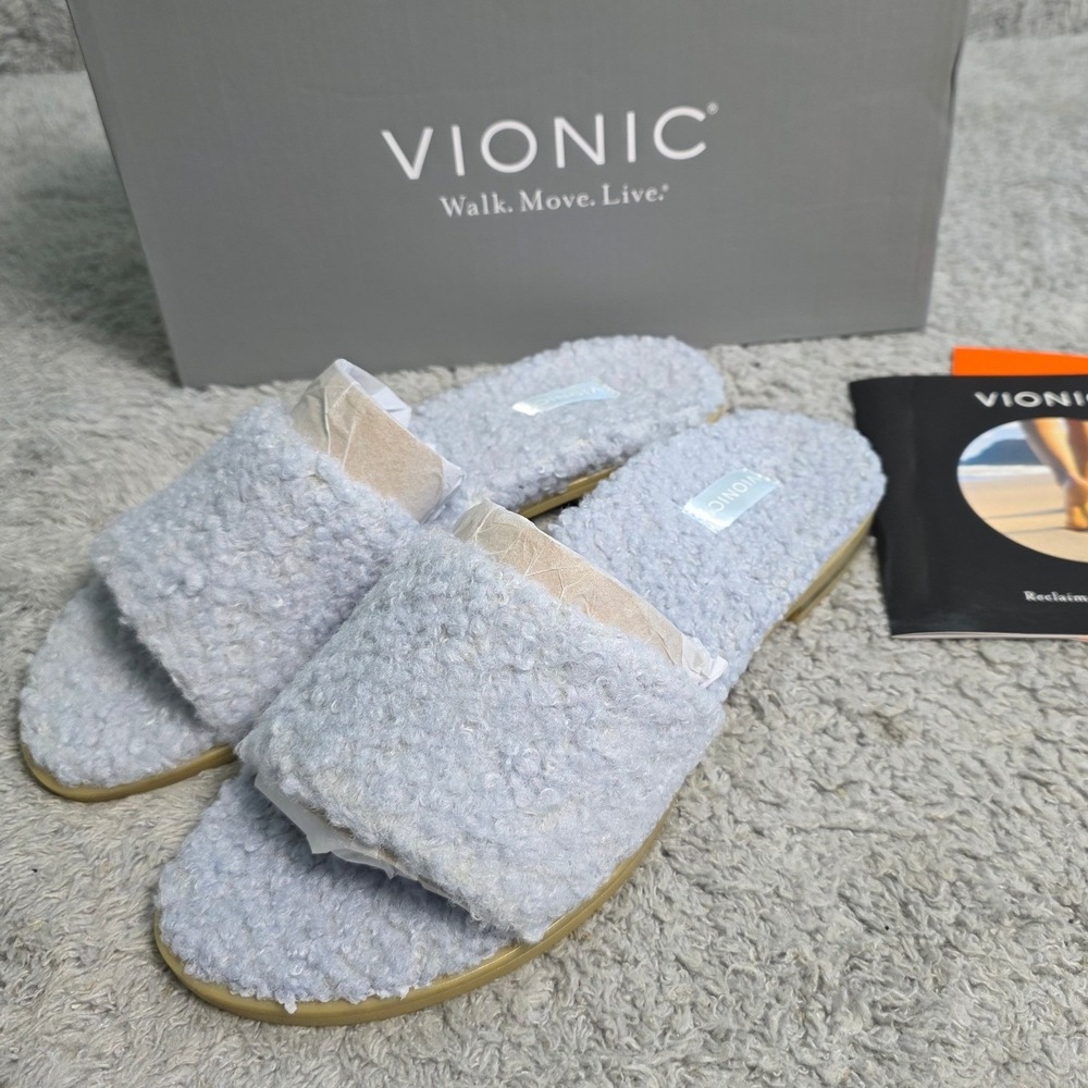 Vionic Demi Slides Women's Size‎ 5M Baby Blue Shearling Outer Slippers NIB